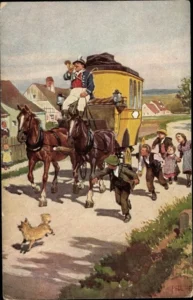 Ansichtskarte Hey, Paul, Volksliederkarte 19, Trara, die Post ist da, von Paul Hey (1867-1952) selbst gemalt und erschienen Anfang der 1920er Jahre (diese Karte ist von 1922) im "Verlag für das Deutschtum im Ausland", Berlin W 62
