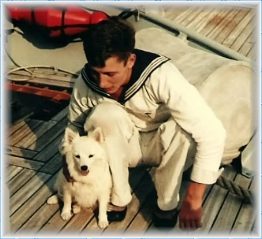 Bordhund Conny, Schneller Minensucher ,,Orion”, Herr Balke vom Nachbarboot Spica zu Besuch, 1963