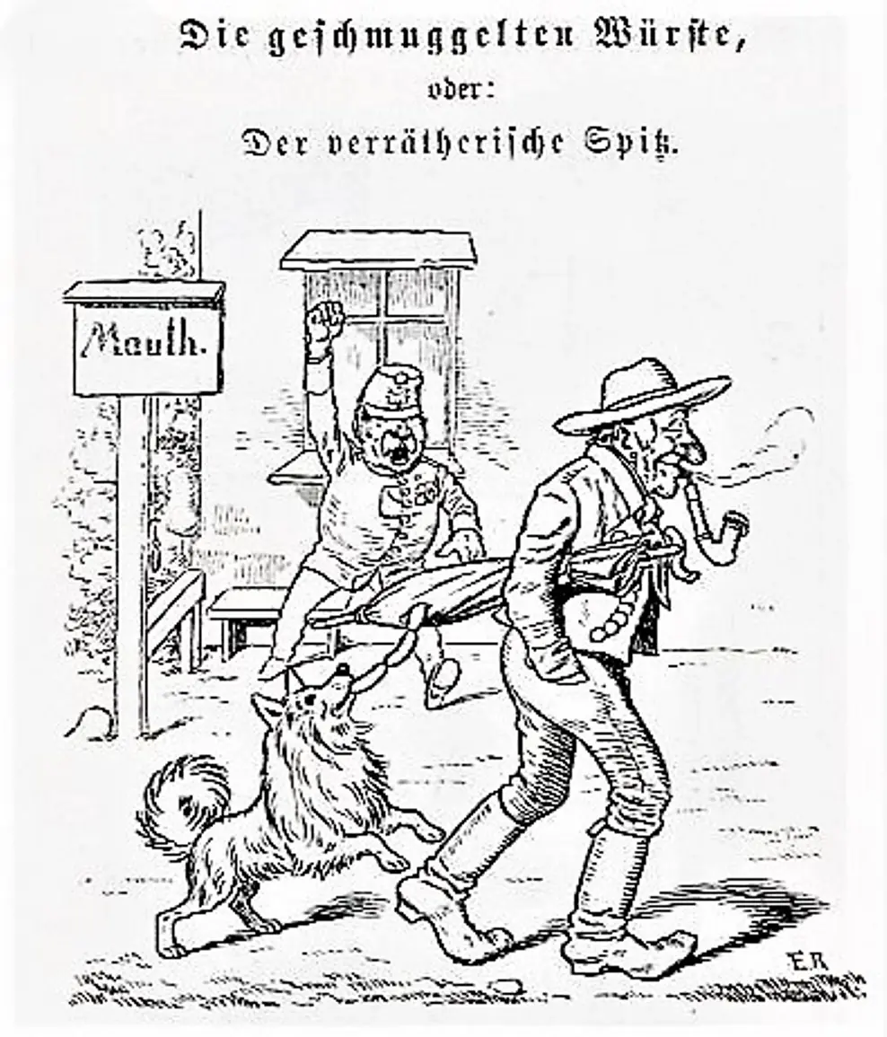 Die geschmuggelten Würste oder Der verräterische Spitz
(Verlag von Braun & Schneider, München, Fliegende Blätter, S. 196, Universitäts-Bibl. Heidelberg)