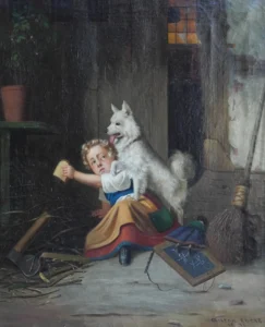 Mädchen mit Brotscheibe und Spitz, 1876
Gemälde von Anton Ebert (1845 - 1896)