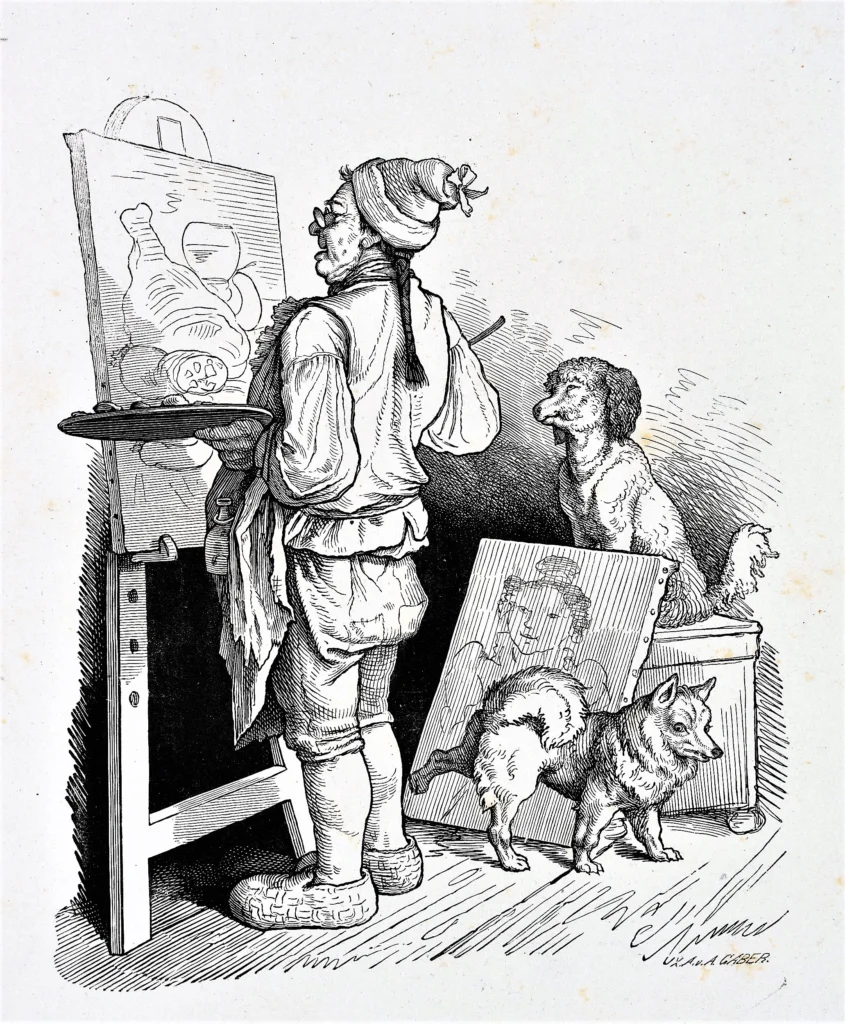 Meister Kenner und Kritikus, Probedruck, 1856 (A. Gaber (1823 -  1894) nach L. Richter (1803 -  1884), Holzstich, Deutscher Volkskalender auf das Jahr 1856.