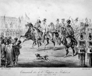 Einmarsch der österreichischen Truppen in Bukarest am 25. Aug.-6. Sept. 1854 im Rahmen des Krimkrieges, Lithografie 06.09.1854 von Karl Lanzedelly 1815–1865) - auch hier wieder ein Hund mit dabei!
