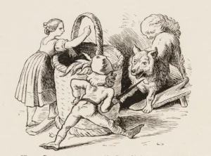 Wenn sie tanzte und der kläffige Spitz des Obsthändlers ihr… (Ludwig Richter,Holzschnitt, 1870)