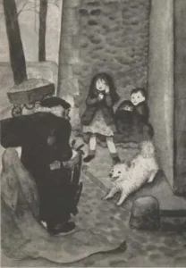 Zeichnung (von Garth Williams) aus dem Kinderbuch ,,The Family Under the Bridge'', Natalie Savage Carlson, 1990
