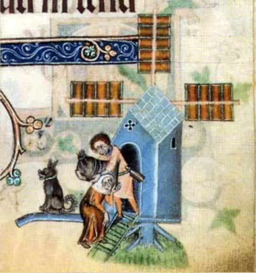 Wachhund, der eine Mühle bewacht, Luttrell-Psalter. London, British Library, Add. Ms. 42130, fol. 158. England um 1330-1340