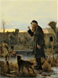 Ein alter Veteran einer Schar Kinder auf dem Eis drohend
Gemälde von Friedrich Peter Hiddemann (1829 – 1892)